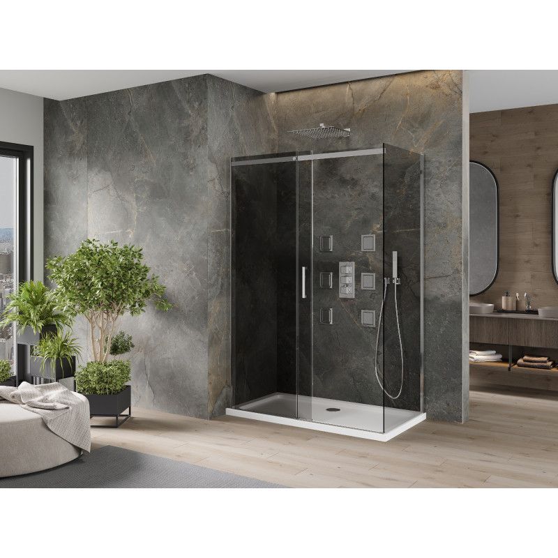 Kabina prysznicowa Mexen Omega rozsuwana 140 x 80 cm grafit chrom + brodzik Flat bialy