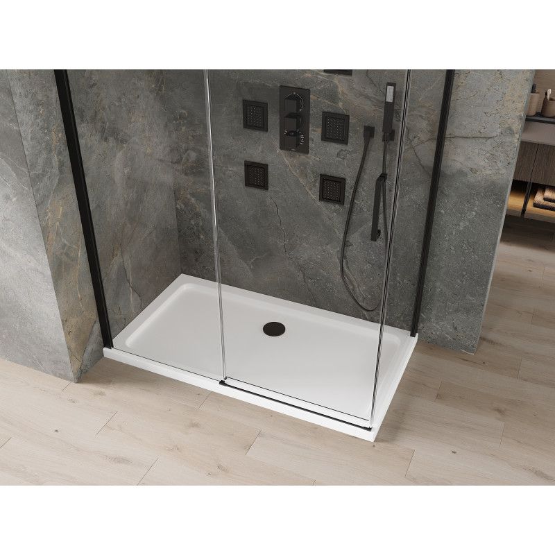 Kabina prysznicowa Mexen Omega rozsuwana 140 x 80 cm transparent czarna + brodzik Flat biały
