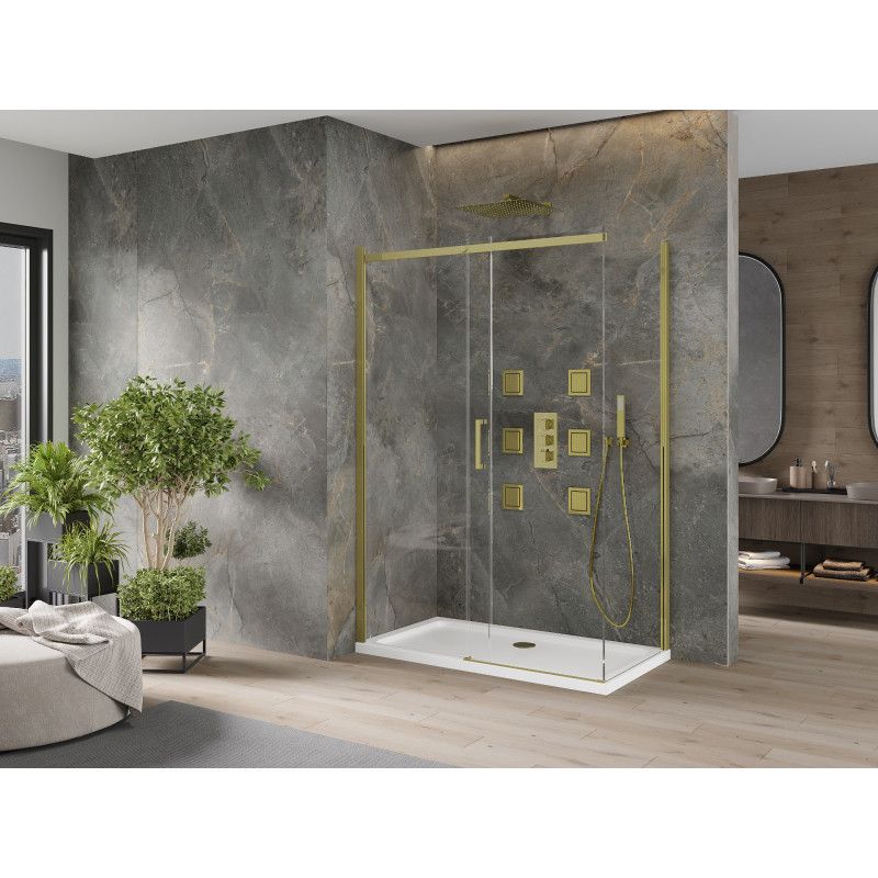 Kabina prysznicowa Mexen Omega rozsuwana 140 x 80 cm transparent złota + brodzik Flat