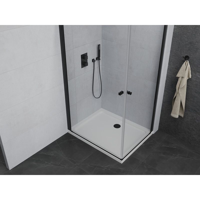 Kabina prysznicowa Mexen Pretoria Duo uchylna 90 x 80 cm transparent czarna + brodzik Flat