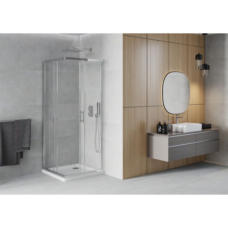 Kabina prysznicowa Mexen Rio kwadratowa 80 x 80 cm transparent chrom + brodzik Flat biały
