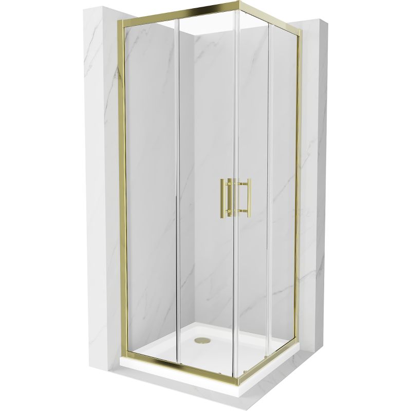 Kabina prysznicowa Mexen Rio kwadratowa 80 x 80 cm transparent złota + brodzik Flat biały
