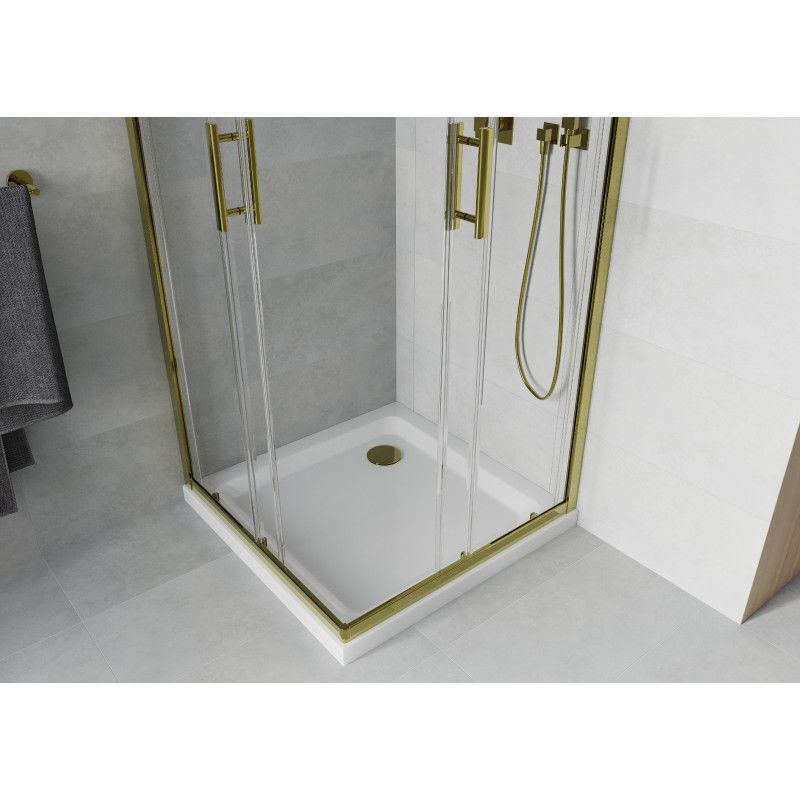 Kabina prysznicowa Mexen Rio kwadratowa 80 x 80 cm transparent złota + brodzik Flat biały