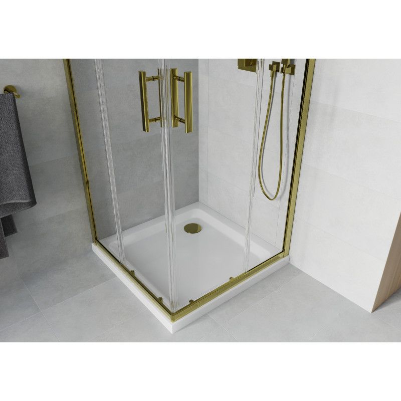 Kabina prysznicowa Mexen Rio kwadratowa 80 x 80 cm transparent złota + brodzik Flat biały