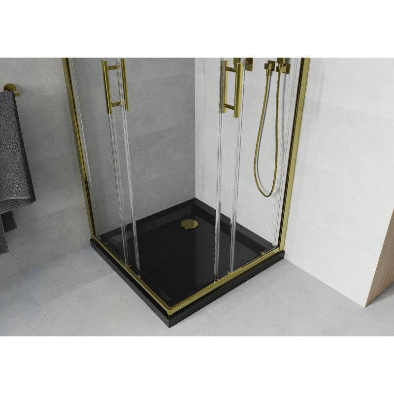 Kabina prysznicowa Mexen Rio kwadratowa 80 x 80 cm transparent złota + brodzik Flat czarn