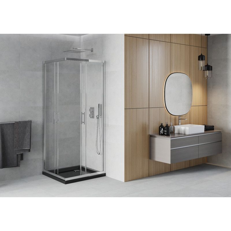 Kabina prysznicowa Mexen Rio kwadratowa 90 x 90 cm transparent chrom + brodzik Flat czarny