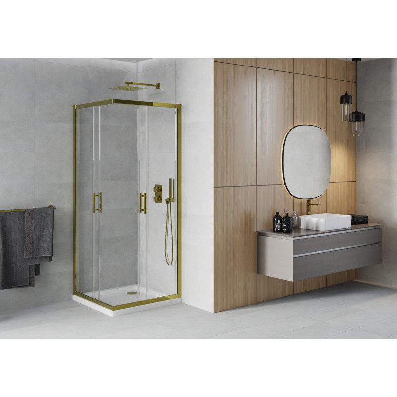 Kabina prysznicowa Mexen Rio kwadratowa 90 x 90 cm transparent złota + brodzik Flat biały