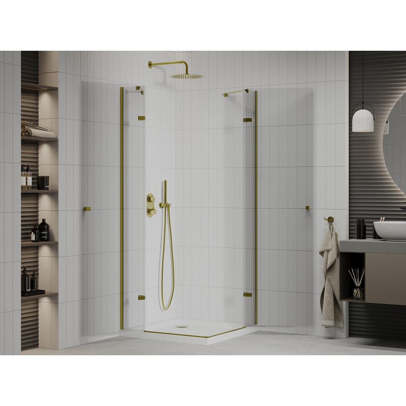 Kabina prysznicowa Mexen Roma Duo uchylna 80 x 80 cm transparent złota + brodzik Flat