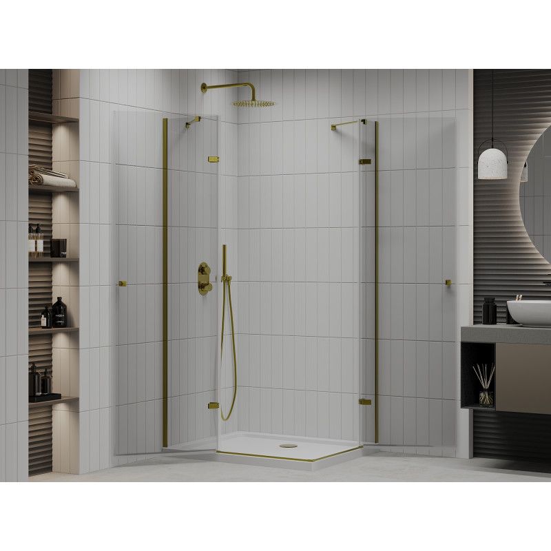 Kabina prysznicowa Mexen Roma Duo uchylna 90 x 80 cm transparent złota + brodzik Flat