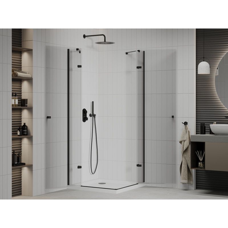 Kabina prysznicowa Mexen Roma Duo uchylna 90 x 90 cm transparent czarna + brodzik Flat