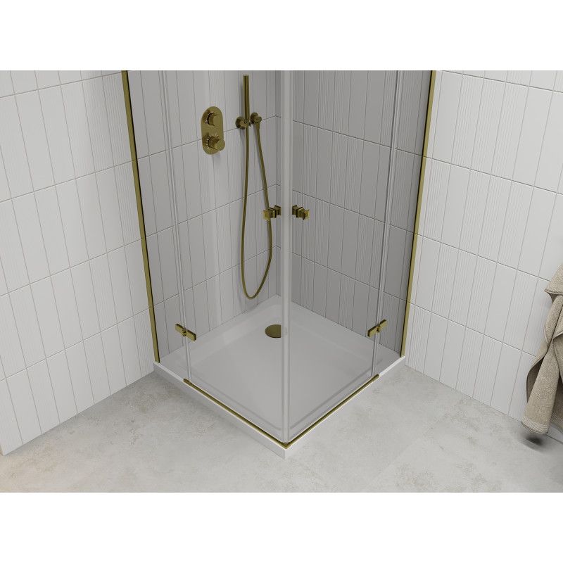 Kabina prysznicowa Mexen Roma Duo uchylna 90 x 90 cm transparent złota + brodzik Flat