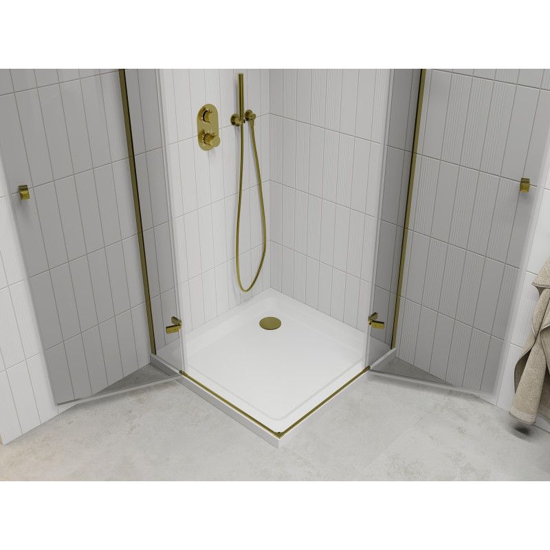 Kabina prysznicowa Mexen Roma Duo uchylna 90 x 90 cm transparent złota + brodzik Flat