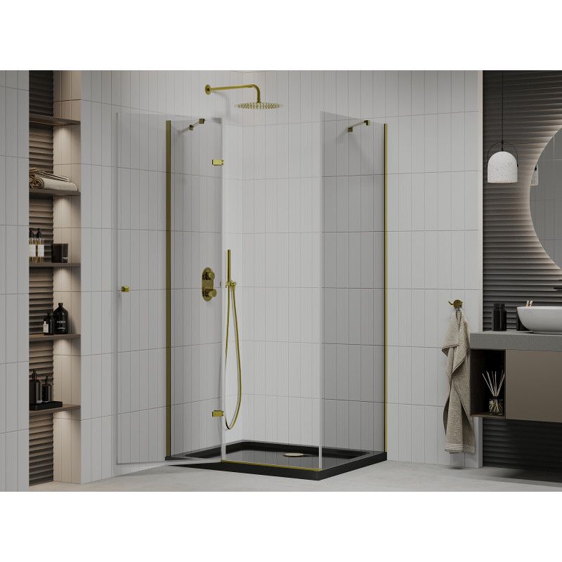 Kabina prysznicowa Mexen Roma uchylna 100 x 90 cm transparent złota + brodzik Flat czarny