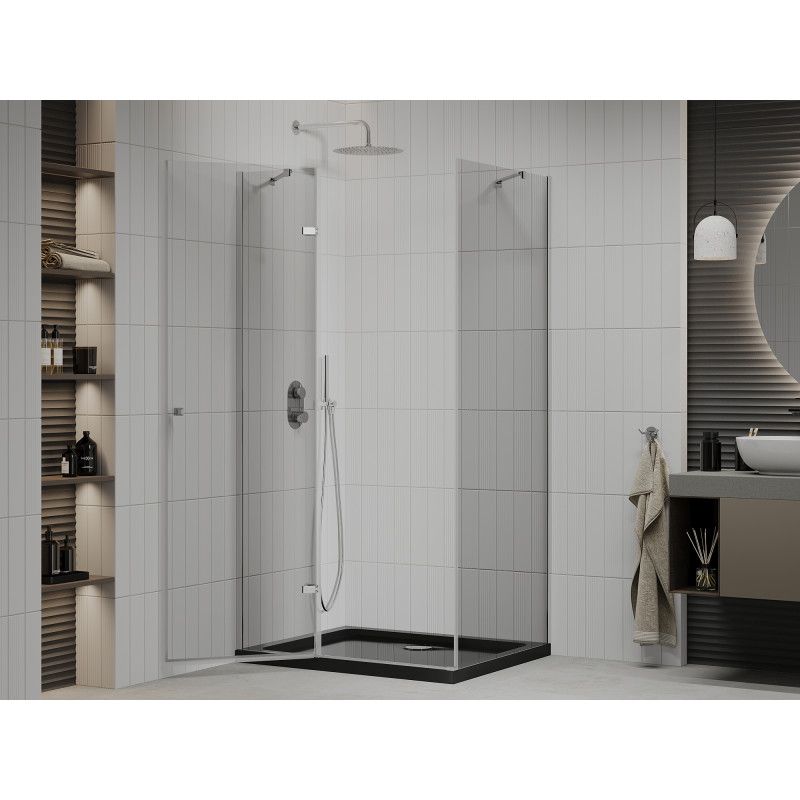 Kabina prysznicowa Mexen Roma uchylna 80 x 100 cm transparent chrom + brodzik Flat czarny