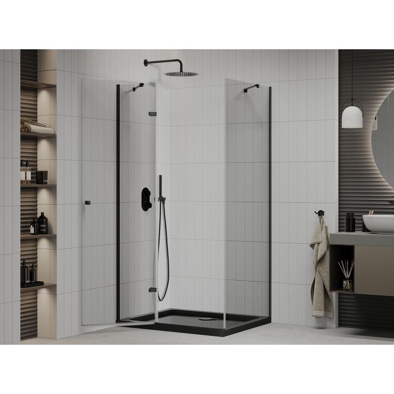 Kabina prysznicowa Mexen Roma uchylna 80 x 120 cm transparent czarna + brodzik Flat czarny