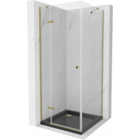 Kabina prysznicowa Mexen Roma uchylna 80 x 80 cm transparent złota + brodzik Flat czarny