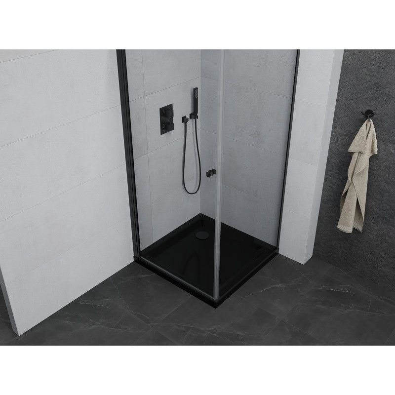 Kabina prysznicowa Mexen uchylna Pretoria 100 x 100 cm transparent rama czarna i brodzik Flat czarny 1 kpl.