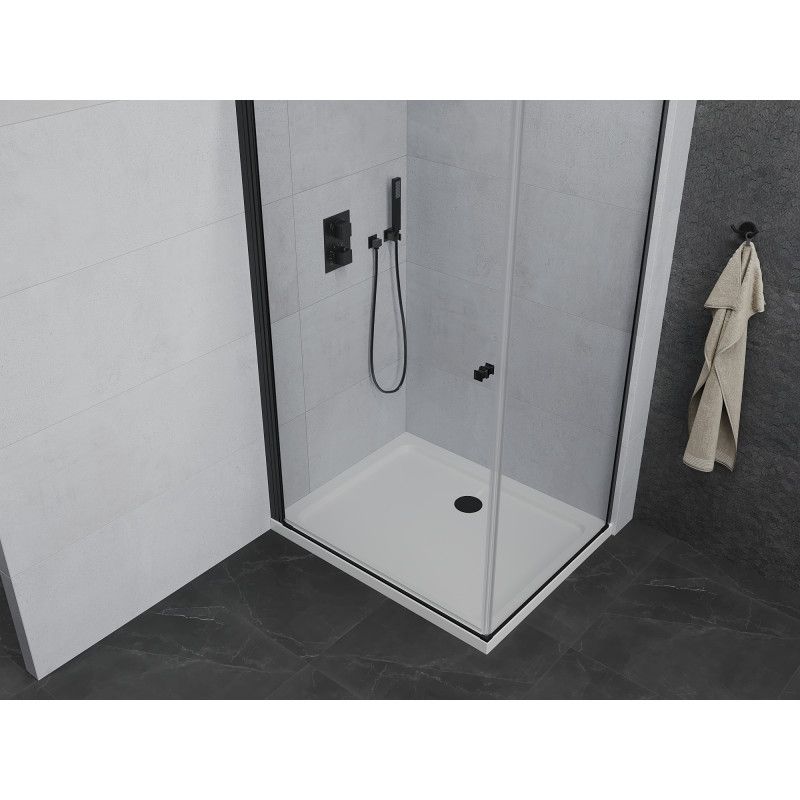 Kabina prysznicowa Mexen uchylna Pretoria 80 x 100 cm transparent rama czarna i brodzik Flat 1 kpl.