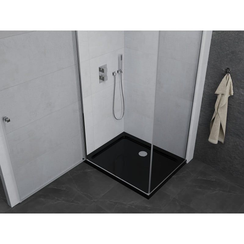 Kabina prysznicowa Mexen uchylna Pretoria 90 x 110 cm transparent rama chrom i brodzik Flat czarny 1 kpl.