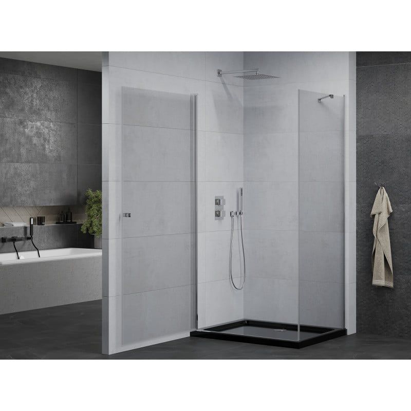 Kabina prysznicowa Mexen uchylna Pretoria 90 x 120 cm transparent rama chrom i brodzik Flat czarny 1 kpl.