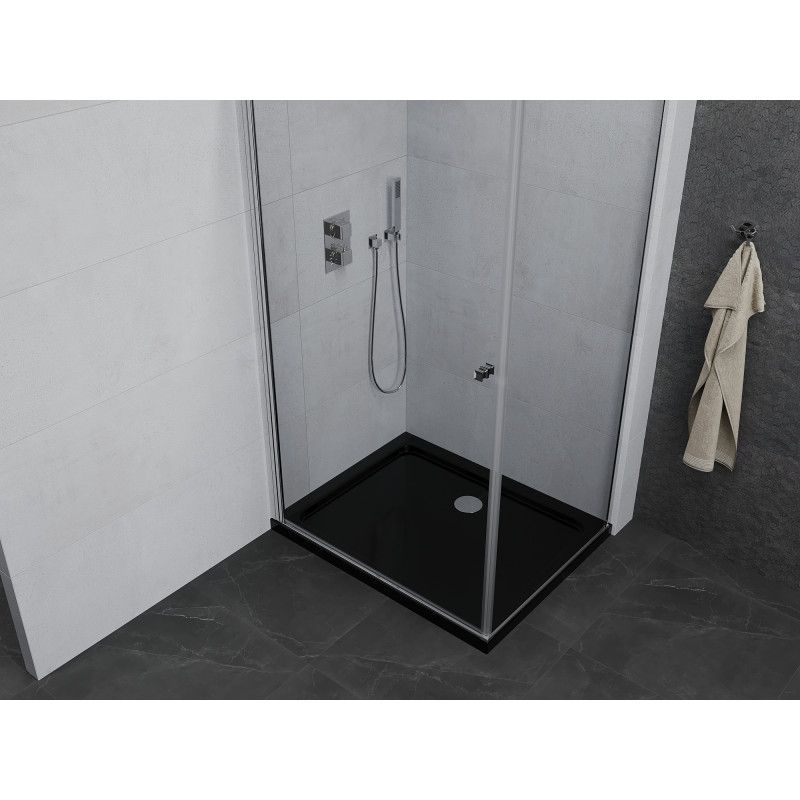 Kabina prysznicowa Mexen uchylna Pretoria 90 x 70 cm transparent rama chrom i brodzik Flat czarny 1 kpl.