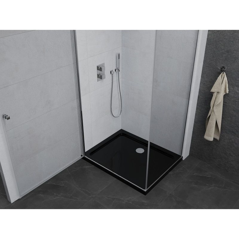Kabina prysznicowa Mexen uchylna Pretoria 90 x 70 cm transparent rama chrom i brodzik Flat czarny 1 kpl.