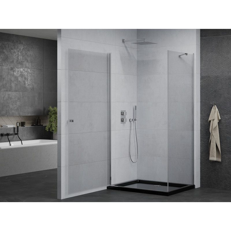 Kabina prysznicowa Mexen uchylna Pretoria 90 x 70 cm transparent rama chrom i brodzik Flat czarny 1 kpl.