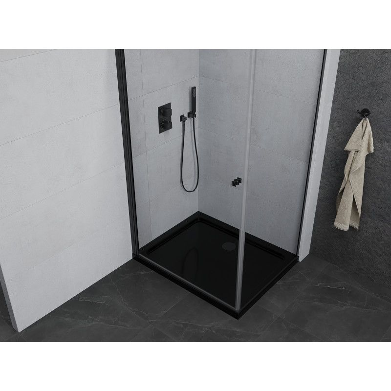 Kabina prysznicowa Mexen uchylna Pretoria 90 x 80 cm transparent rama czarna i brodzik Flat czarny 1 kpl.