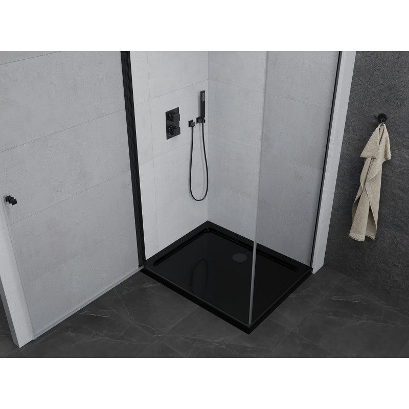 Kabina prysznicowa Mexen uchylna Pretoria 90 x 80 cm transparent rama czarna i brodzik Flat czarny 1 kpl.