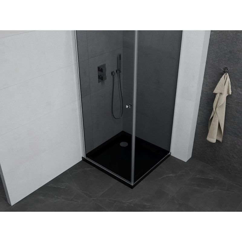 Kabina prysznicowa Mexen uchylna Pretoria 90 x 90 cm grafit rama chrom i brodzik Flat czarny 1 kpl.