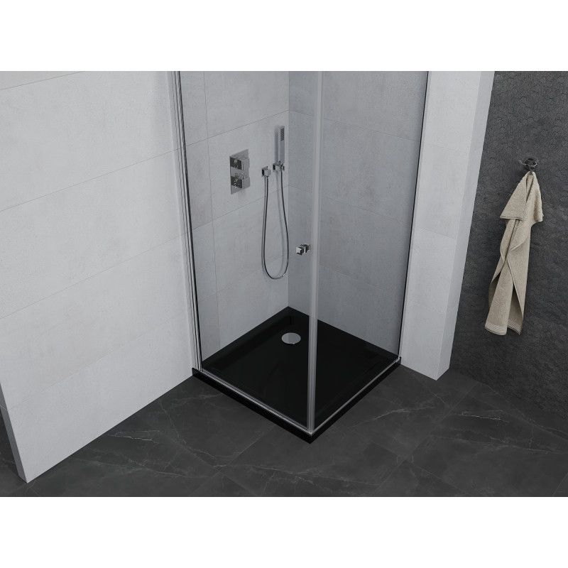 Kabina prysznicowa Mexen uchylna Pretoria 90 x 90 cm transparent rama chrom i brodzik Flat czarny 1 kpl.