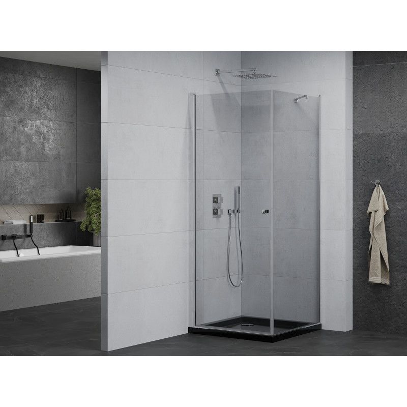 Kabina prysznicowa Mexen uchylna Pretoria 90 x 90 cm transparent rama chrom i brodzik Flat czarny 1 kpl.