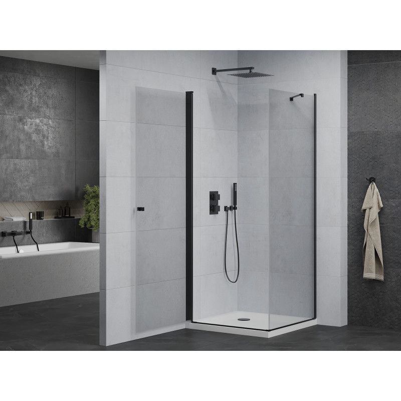Kabina prysznicowa Mexen uchylna Pretoria 90 x 90 cm transparent rama czarna i brodzik Flat 1 kpl.