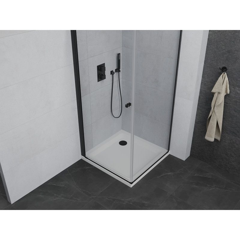 Kabina prysznicowa Mexen uchylna Pretoria 90 x 90 cm transparent rama czarna i brodzik Flat 1 kpl.