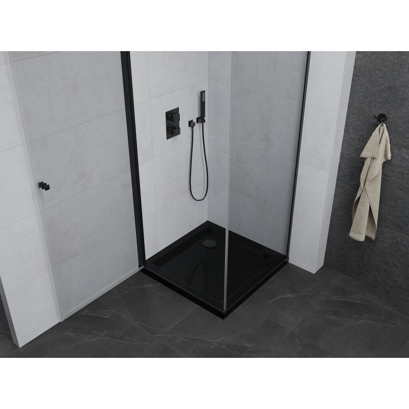 Kabina prysznicowa Mexen uchylna Pretoria 90 x 90 cm transparent rama czarna i brodzik Flat czarny 1 kpl.