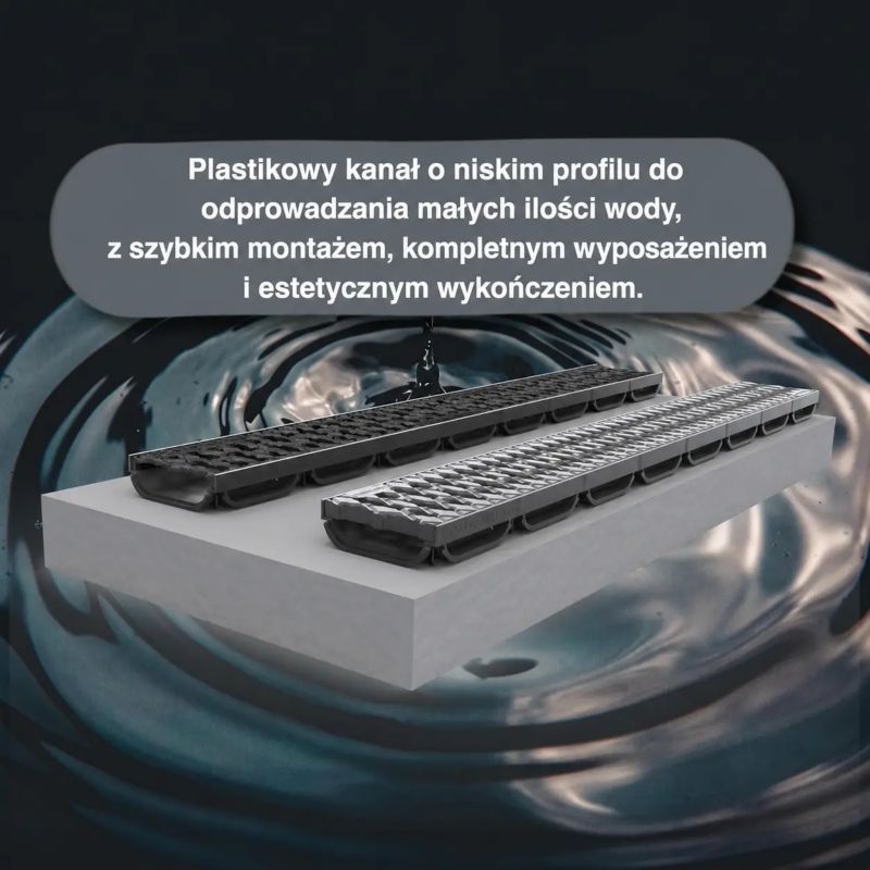 Kanał plastikowy odwodnienia liniowego VODALAND Easy Low DN100 H40 ruszt plastikowy, 1 szt.