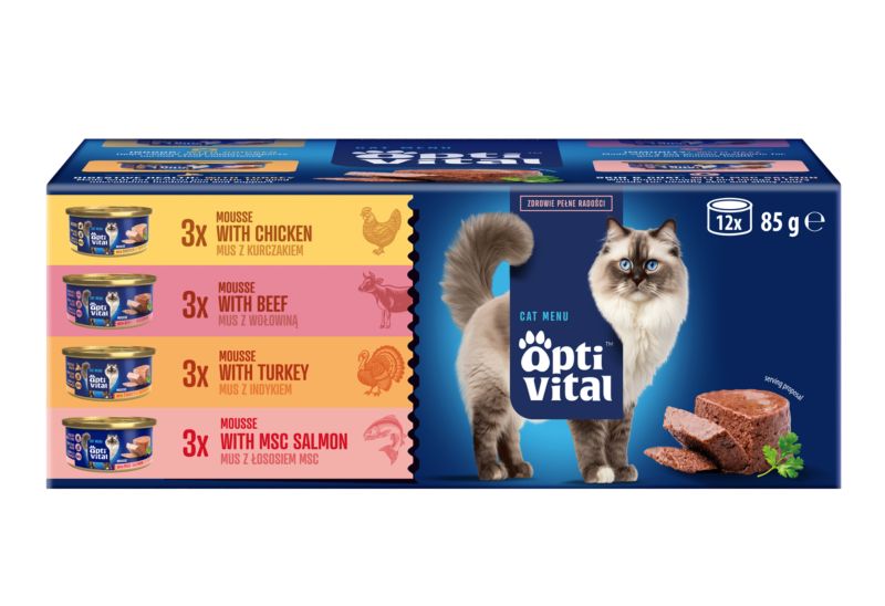 Karma mokra dla kota dorosłego OptiVital Multibox wołowina/kurczak/indyk/łosoś 12 x 85 g