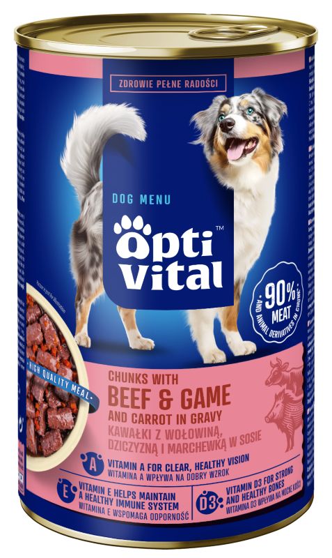 Karma mokra dla psa OptiVital kawałki z wołowiną/dziczyzną w sosie puszka 1250 g