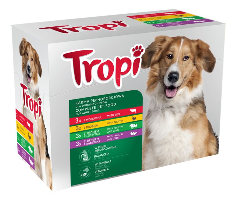 Karma mokra dla psa Tropi drób i dziczyzna/drób i wątróbka/wołowina 12 x 100 g