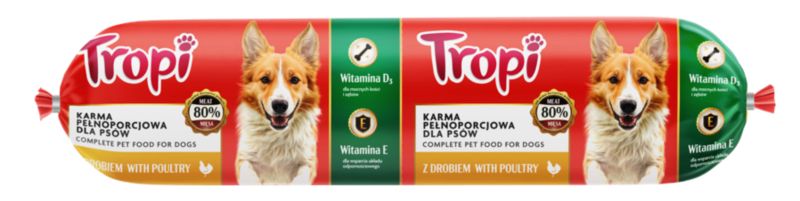 Karma mokra dla psa Tropi kiełbasa z drobiem 900 g