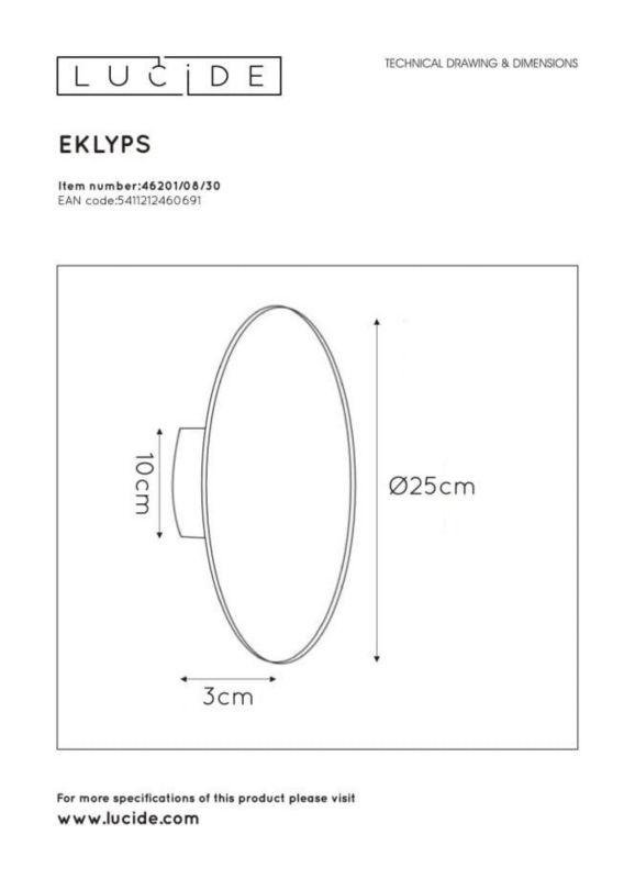 Kinkiet ścienny Lucide Eklyps czarny  LED 8W 3000K 480lm IP20 wym: 3,5 x 25 x 25 cm - 1 szt.