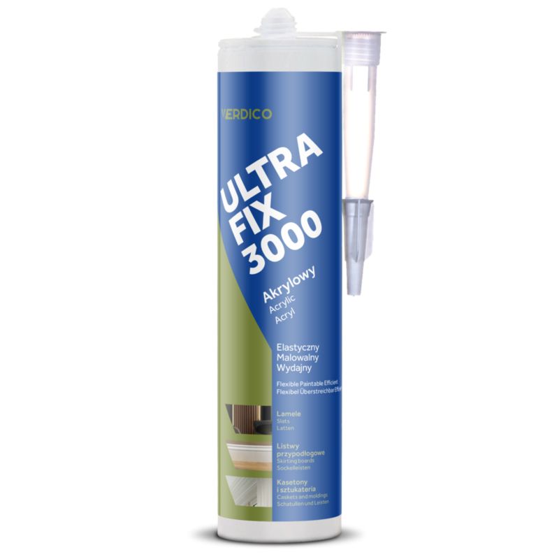 Klej akrylowy montażowy VERDICO do kasetonów sufitowych paneli ściennych UltraFix3000 Biały - 280ml - 1szt.