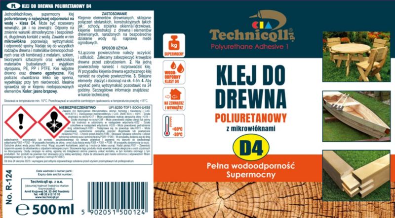 Klej do drewna Technicqll poliuretanowy D4 500 ml