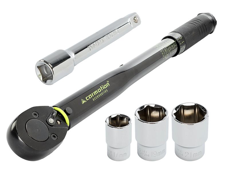 Klucz dynamometryczny, Carmotion, 28-210 Nm, 1/2" + nasadki 17, 19 i 21 mm + przedłużka 125 mm, certyfikat kalibracji, 1 szt.