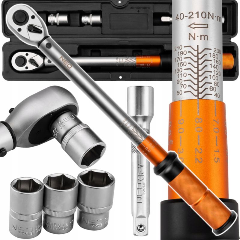 Klucz dynamometryczny NEO TOOLS 40-210Nm, 3 nasadki 17, 19, 21mm, przedłużka, 1 kpl