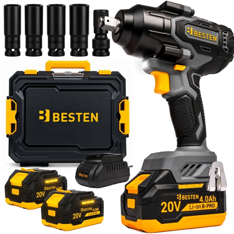 Klucz udarowy akumulatorowy BESTEN BE-2892 bezszczotkowy 20V 800 Nm 3 biegi, Smart-Loosening, 2x4.0Ah B-PRO, LED, walizka 1 szt.
