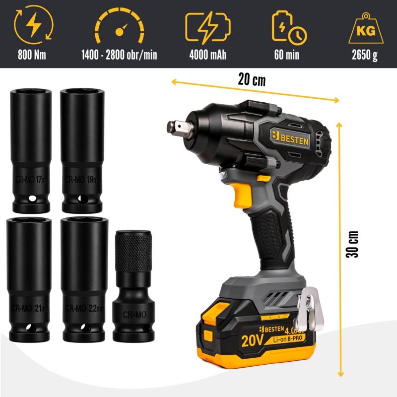 Klucz udarowy akumulatorowy BESTEN BE-2892 bezszczotkowy 20V 800 Nm 3 biegi, Smart-Loosening, 2x4.0Ah B-PRO, LED, walizka 1 szt.