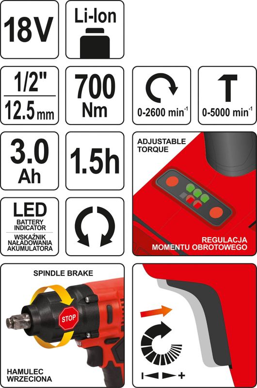 Klucz udarowy bezszczotkowy Yato 18 V 1/2" 700 Nm