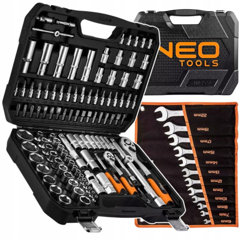 Klucze Nasadowe Neo Tools 110 el. 1/4 1/2 Walizka + Klucze Płasko Oczkowe 12 szt. 