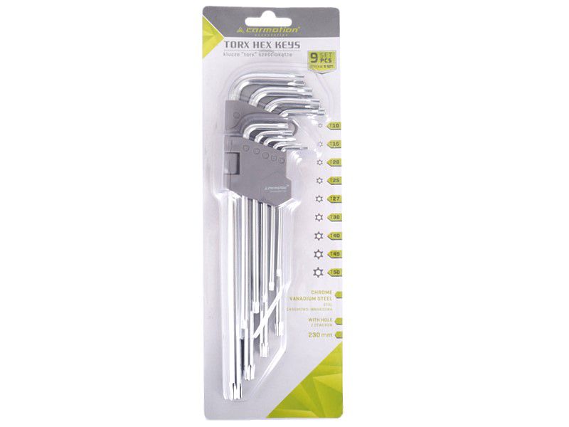 Klucze trzpieniowe otworowe, Carmotion, 230 mm do śrub TORX, T10 - T50, 9 szt.